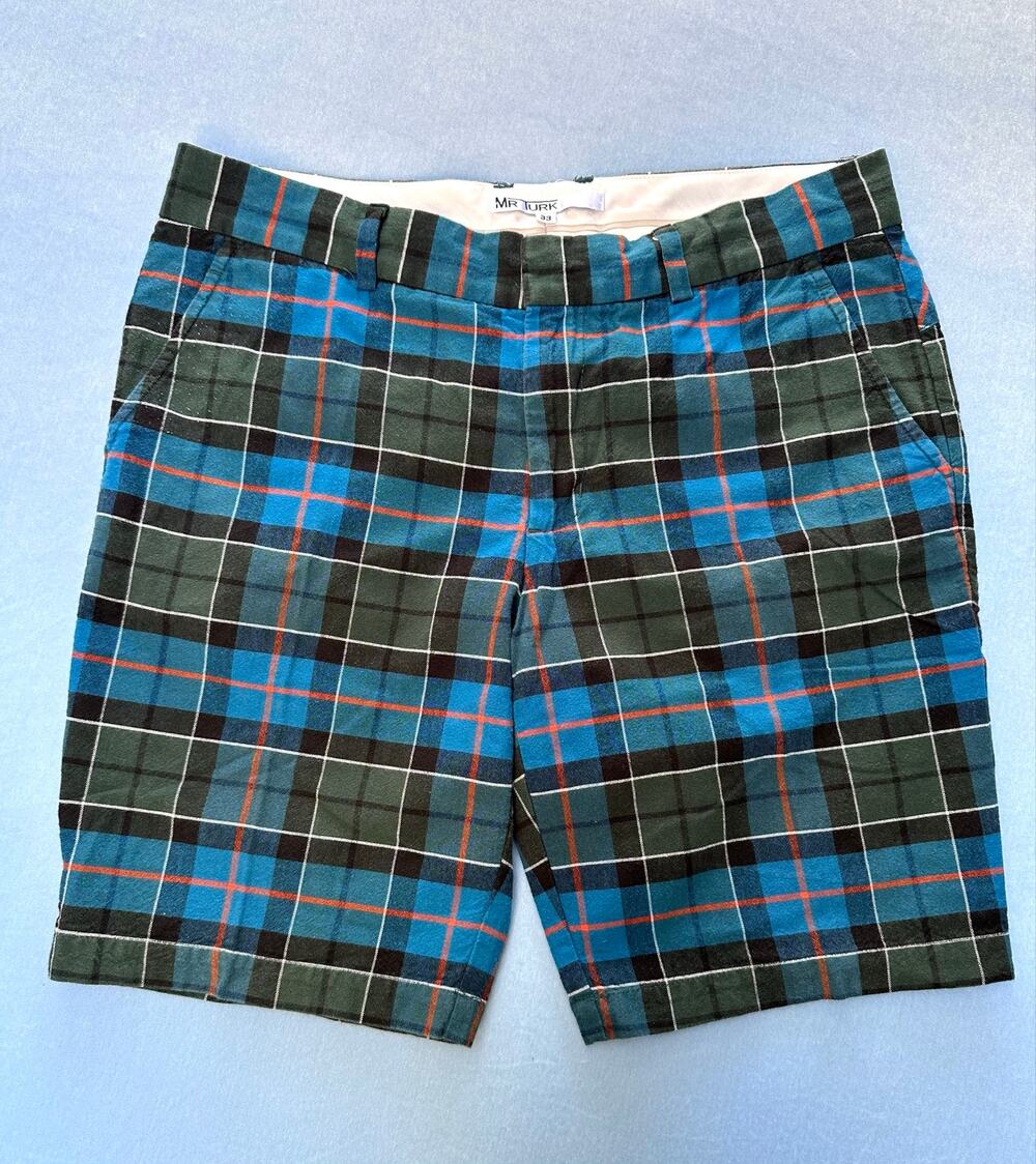 Mr. Turk Men's Plaid Shorts Size 33 Blue Green Orange Flat Front Cotton Clubwear